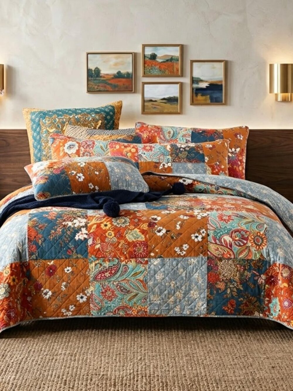 Cotton Queen Size Patchwork Quilt Sets, Lightweight Reversible Coverlet Bedding